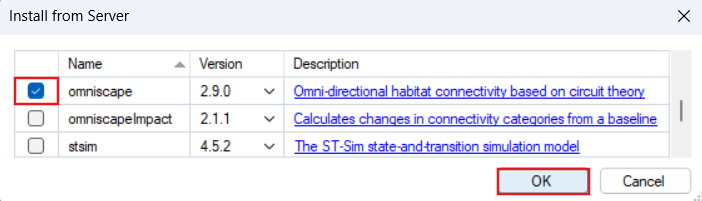 Install from Server dialog with the checkbox beside omniscape version 2.9.0 selected and the OK button highlighted.