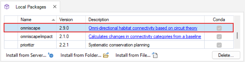 Local Packages window with omniscape version 2.9.0 highlighted in the list and its Conda checkbox marked.